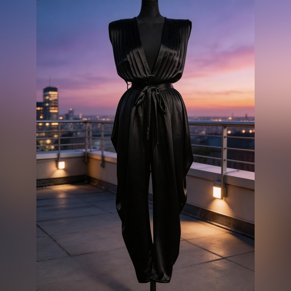 Chic Black Pleated Wide-Leg Jumpsuit Elegant V-Neck Tie Waist - Picture 4 of 4